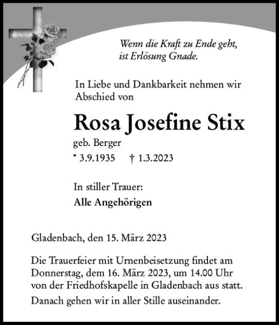 Traueranzeige von Rosa Josefine Stix von Hinterländer Anzeiger