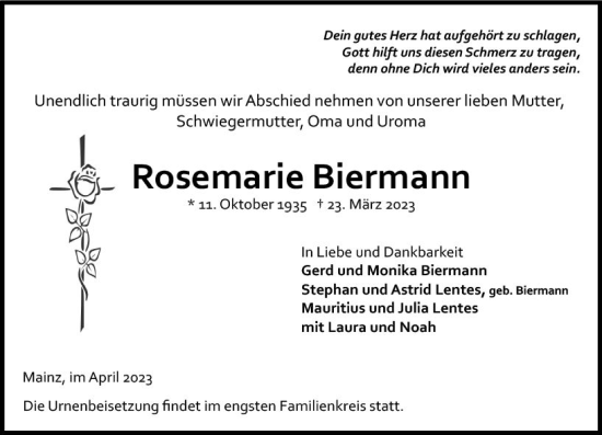 Traueranzeige von Rosemarie Biermann von Allgemeine Zeitung Mainz