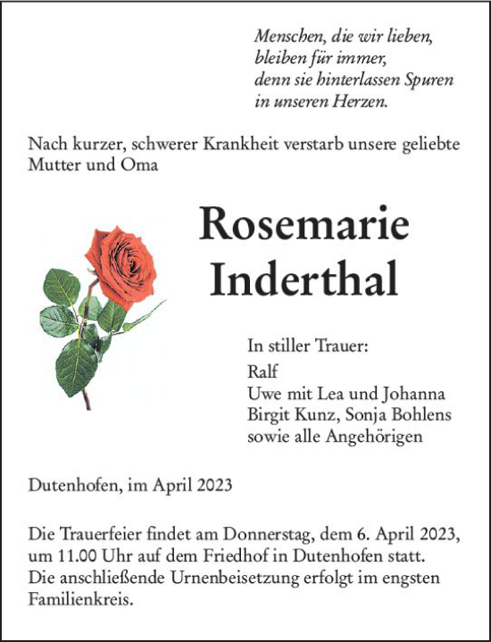 Traueranzeige von Rosemarie Inderthal von Wetzlarer Neue Zeitung