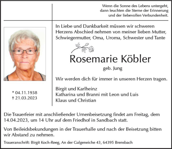 Traueranzeige von Rosemarie Köbler von Odenwälder Echo