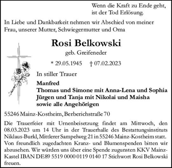Traueranzeige von Rosi Belkowski von Allgemeine Zeitung Mainz