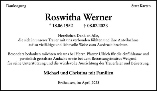 Traueranzeige von Roswitha Werner von Hinterländer Anzeiger