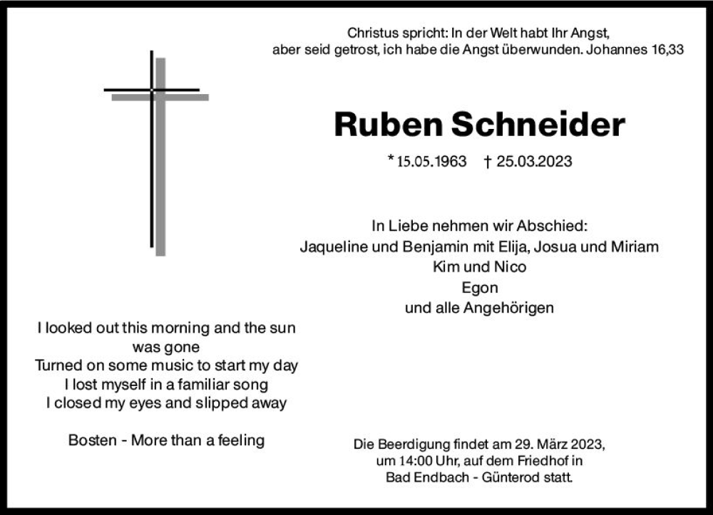  Traueranzeige für Ruben Schneider vom 28.03.2023 aus Hinterländer Anzeiger