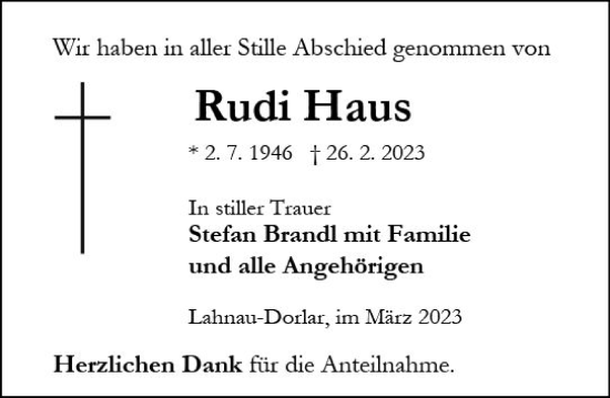 Traueranzeige von Rudi Haus von Wetzlarer Neue Zeitung