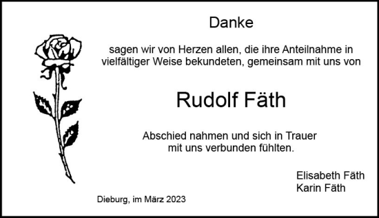 Traueranzeige von Rudolf Fäth von Dieburger Anzeiger/Groß-Zimmerner Lokal-Anzeiger