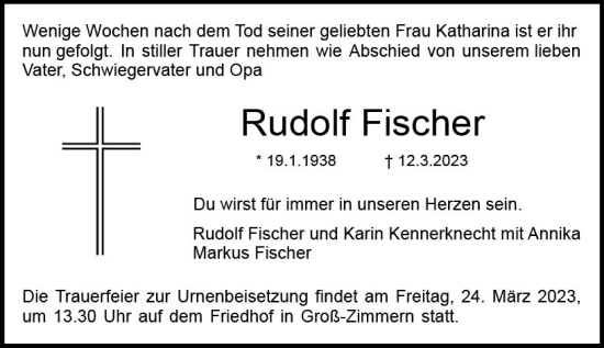 Traueranzeige von Rudolf Fischer von Dieburger Anzeiger/Groß-Zimmerner Lokal-Anzeiger