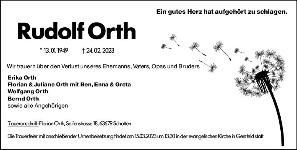  Traueranzeige für Rudolf Orth vom 18.03.2023 aus Lauterbacher Anzeiger