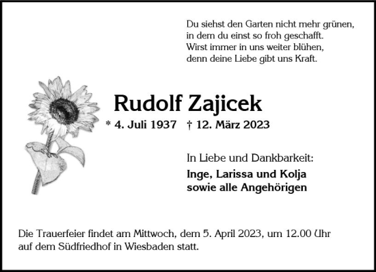 Traueranzeige von Rudolf Zajicek von Wiesbadener Kurier