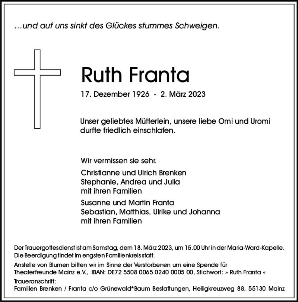  Traueranzeige für Ruth Franta vom 11.03.2023 aus Allgemeine Zeitung Mainz