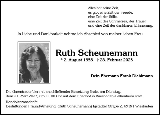 Traueranzeige von Ruth Scheunemann von Wiesbadener Kurier