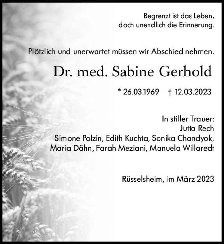  Traueranzeige für Sabine Gerhold vom 18.03.2023 aus Rüsselsheimer Echo