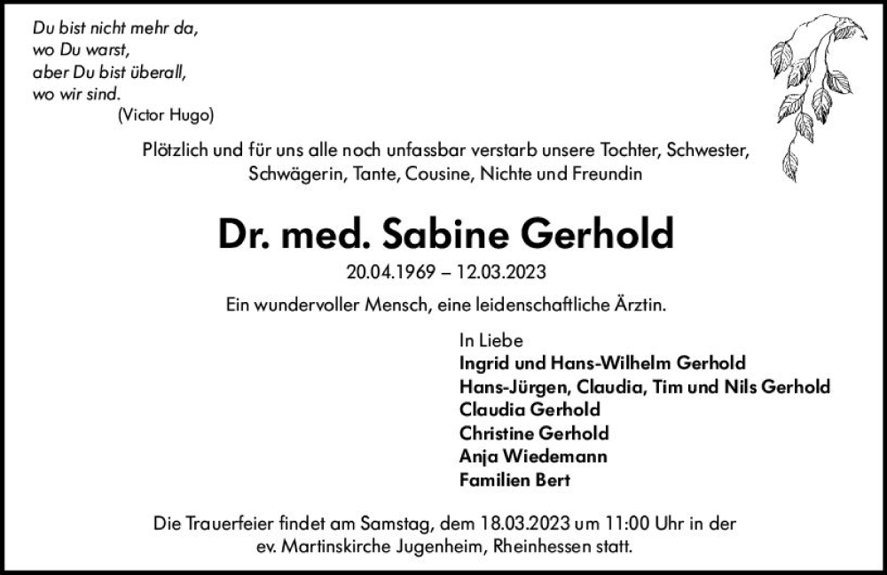  Traueranzeige für Sabine Gerhold vom 15.03.2023 aus Rüsselsheimer Echo