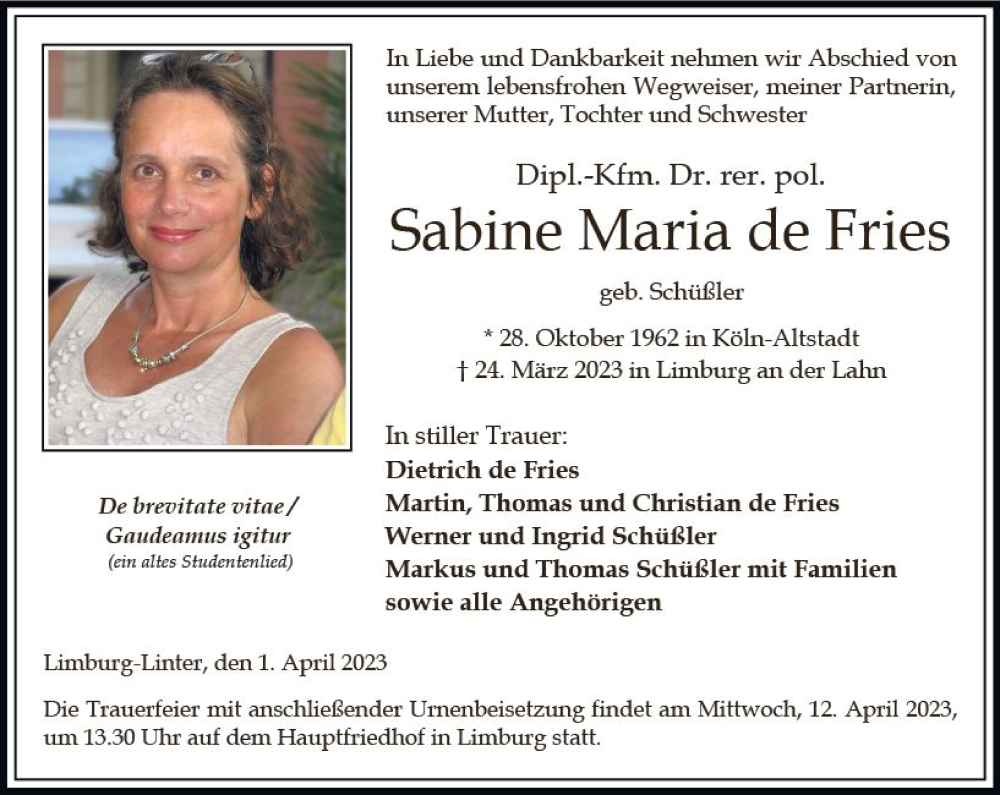  Traueranzeige für Sabine Maria de Fries vom 01.04.2023 aus Nassauische Neue Presse