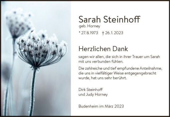 Traueranzeige von Sarah Steinhoff von Allgemeine Zeitung Mainz