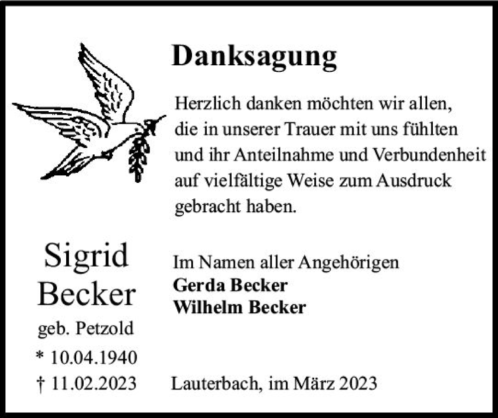  Traueranzeige für Sigrid Becker vom 18.03.2023 aus Lauterbacher Anzeiger