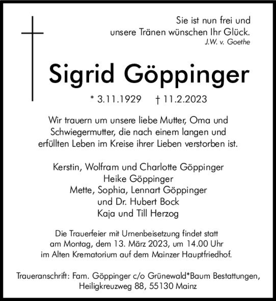  Traueranzeige für Sigrid Göppinger vom 04.03.2023 aus Allgemeine Zeitung Mainz