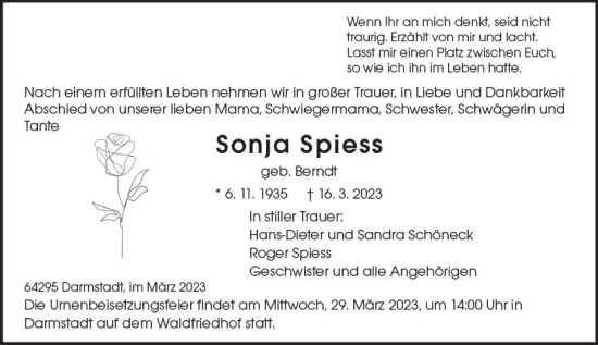 Traueranzeige von Sonja Spiess von Darmstädter Echo