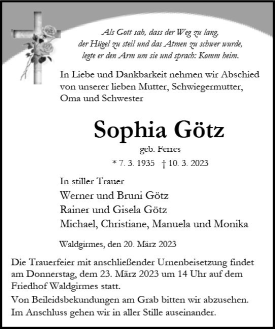 Traueranzeige von Sophia Götz von Wetzlarer Neue Zeitung