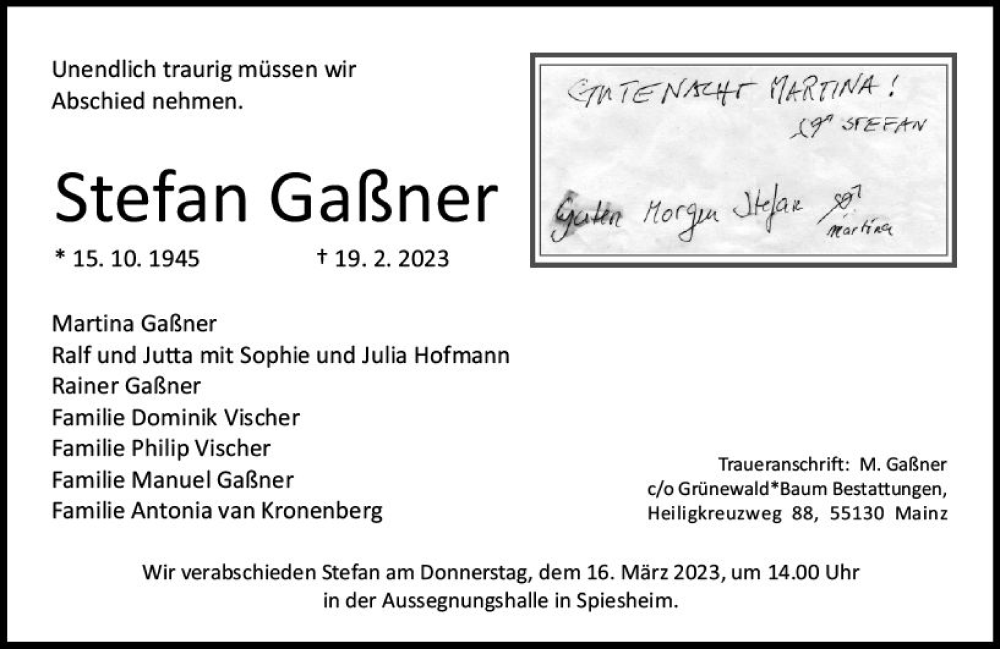  Traueranzeige für Stefan Gaßner vom 04.03.2023 aus Allgemeine Zeitung Alzey