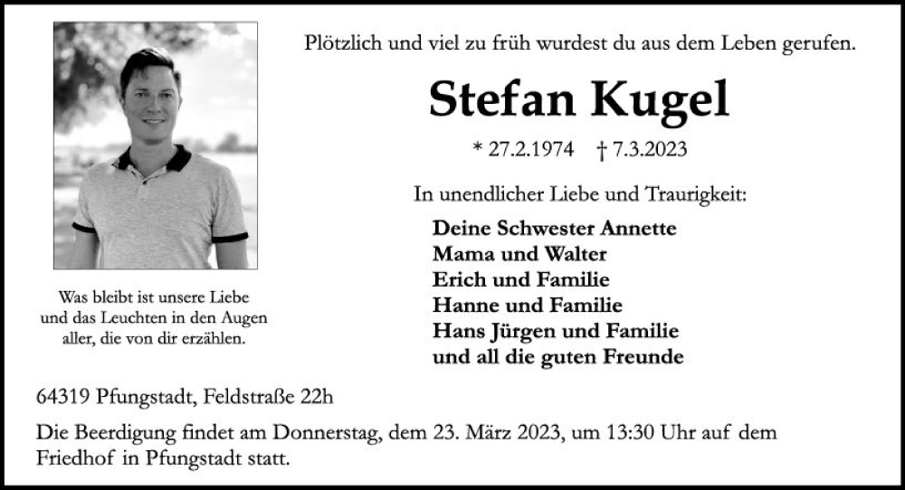  Traueranzeige für Stefan Kugel vom 18.03.2023 aus Darmstädter Echo