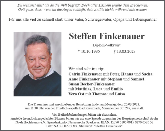 Traueranzeige von Steffen Finkenauer von Allgemeine Zeitung Bad Kreuznach