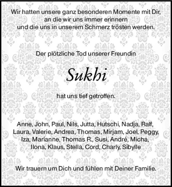 Traueranzeige von Sukhi  von Wiesbadener Kurier