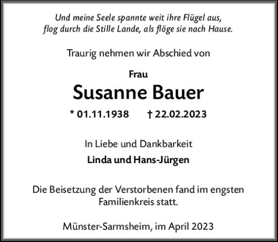 Traueranzeige von Susanne Bauer von Allgemeine Zeitung Bingen/Ingelheim