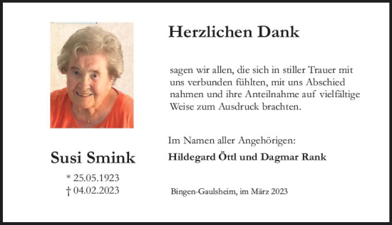 Traueranzeige von Susi Smink von Allgemeine Zeitung Bingen/Ingelheim