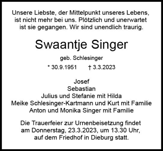 Traueranzeige von Swaantje Singer von Dieburger Anzeiger/Groß-Zimmerner Lokal-Anzeiger
