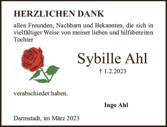 Traueranzeige von Sybille Ahl von Darmstädter Echo