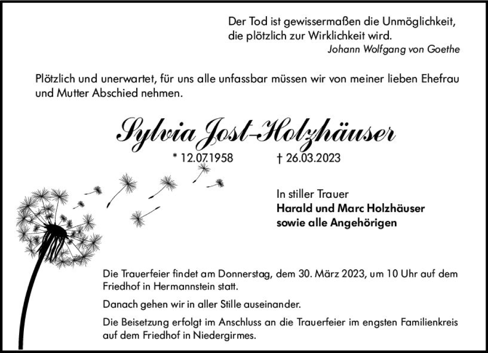  Traueranzeige für Sylvia Jost-Holzhäuser vom 28.03.2023 aus Wetzlarer Neue Zeitung