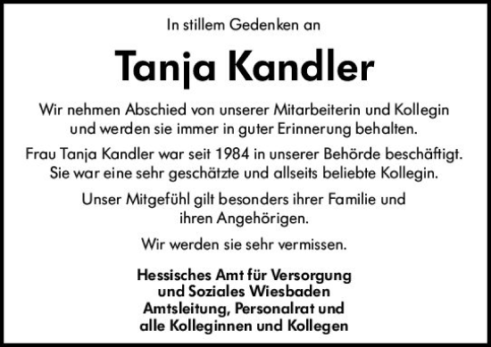 Traueranzeige von Tanja Kandler von Wiesbadener Kurier