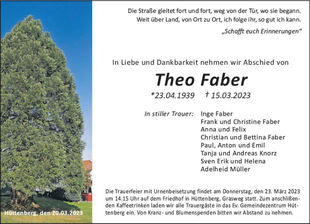  Traueranzeige für Theo Faber vom 20.03.2023 aus Wetzlarer Neue Zeitung