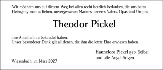 Traueranzeige von Theodor Pickel von Hinterländer Anzeiger