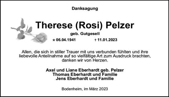 Traueranzeige von Therese Pelzer von Allgemeine Zeitung Mainz