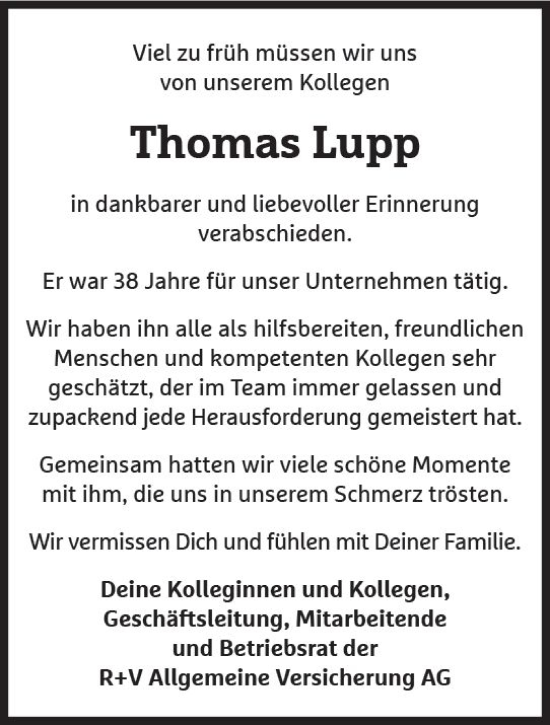 Traueranzeige von Thomas Lupp von Wiesbadener Kurier