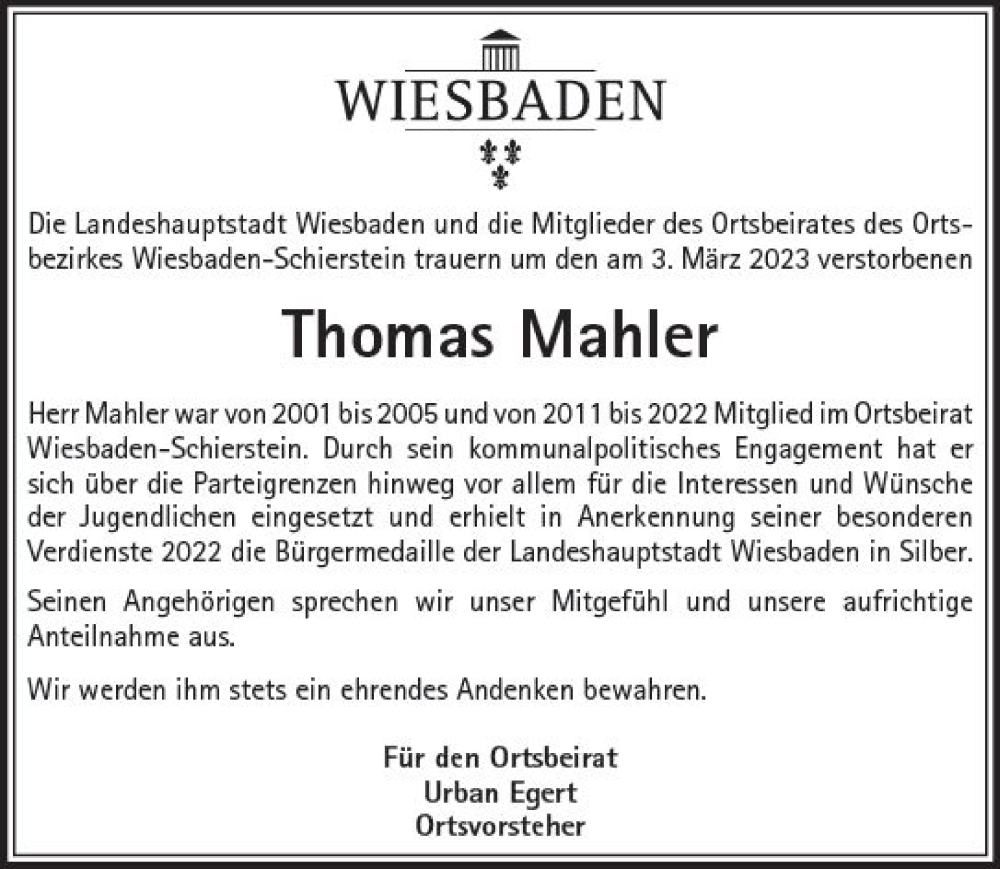 Traueranzeige für Thomas Mahler vom 11.03.2023 aus Wiesbadener Kurier