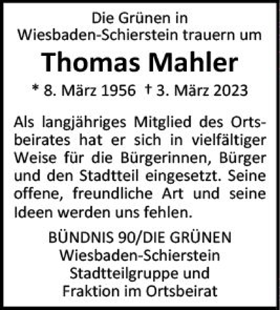  Traueranzeige für Thomas Mahler vom 11.03.2023 aus Wiesbadener Kurier