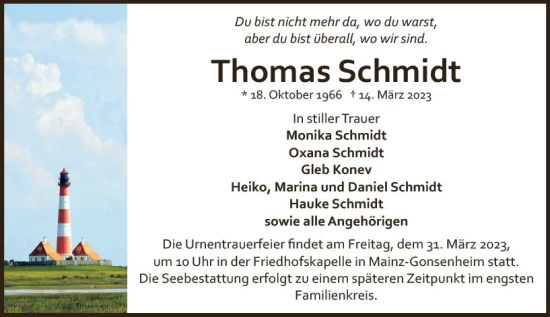 Traueranzeige von Thomas Schmidt von Allgemeine Zeitung Mainz