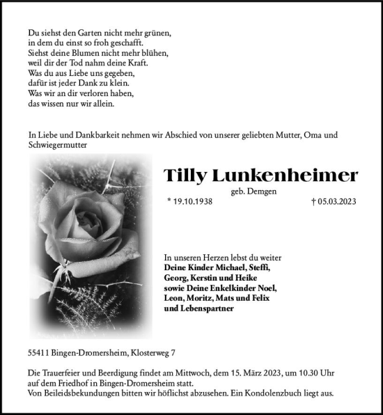 Traueranzeige von Tilly Lunkenheimer von Allgemeine Zeitung Bingen/Ingelheim