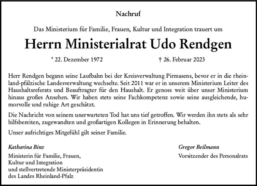  Traueranzeige für Udo Rendgen vom 04.03.2023 aus Allgemeine Zeitung Bingen/Ingelheim