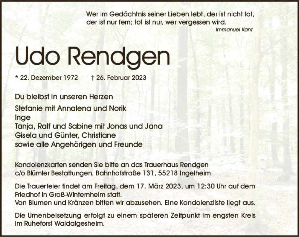  Traueranzeige für Udo Rendgen vom 11.03.2023 aus Allgemeine Zeitung Bingen/Ingelheim