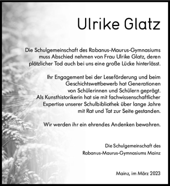 Traueranzeige von Ulrike Glatz von Allgemeine Zeitung Mainz