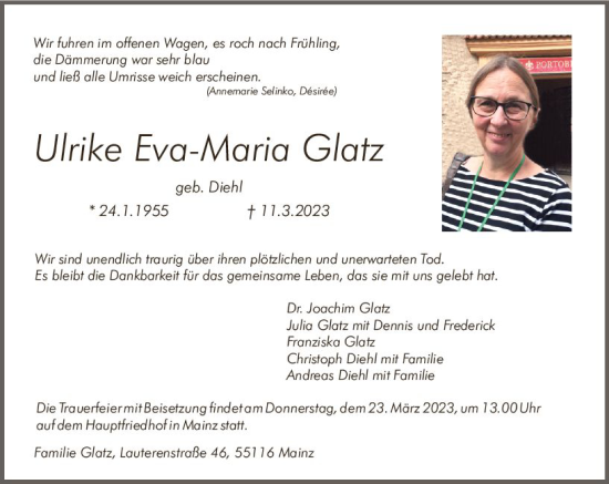 Traueranzeige von Ulrike Eva-Maria Glatz von Allgemeine Zeitung Mainz