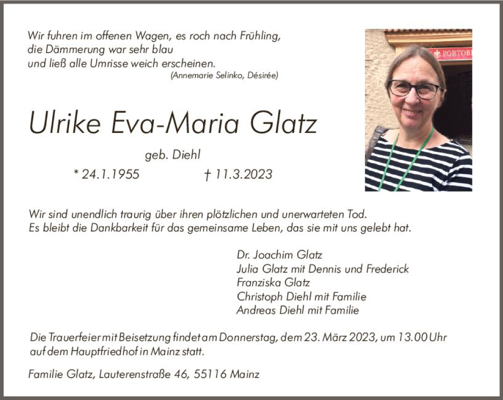  Traueranzeige für Ulrike Eva-Maria Glatz vom 18.03.2023 aus Allgemeine Zeitung Mainz