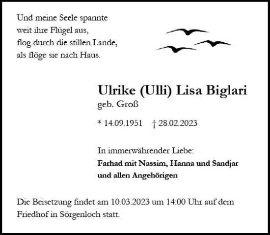 Traueranzeige von Ulrike Lisa Biglari von Allgemeine Zeitung Mainz