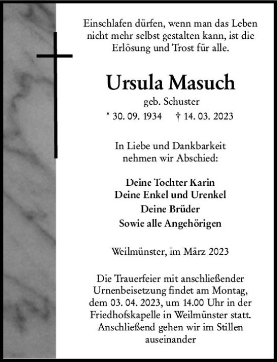 Traueranzeige von Ursula Masuch von Weilburger Tageblatt