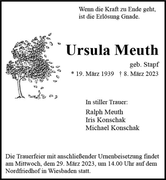 Traueranzeige von Ursula Meuth von Wiesbadener Kurier