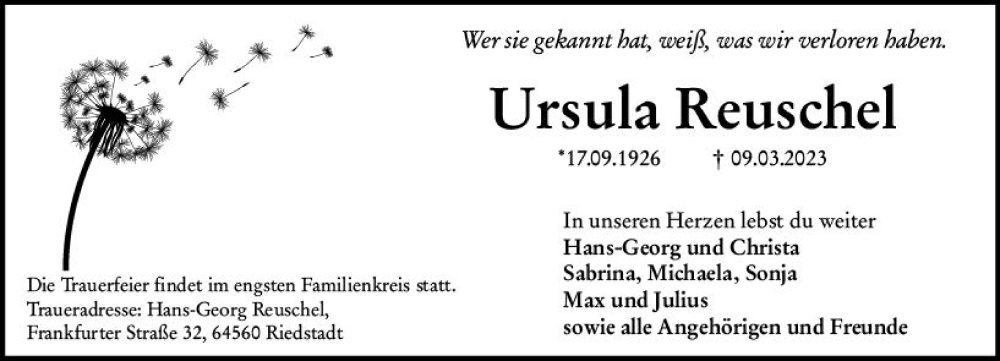  Traueranzeige für Ursula Reuschel vom 18.03.2023 aus Groß-Gerauer Echo