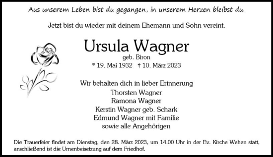 Traueranzeige von Ursula Wagner von Wiesbadener Kurier